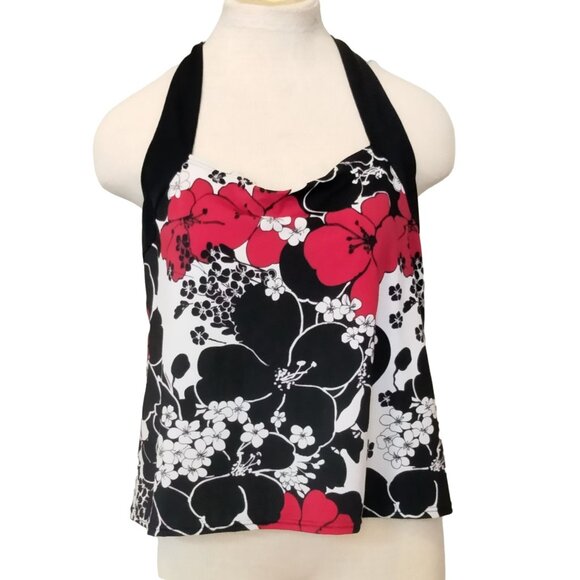 Cherokee Adjustable Halter Tankini Swim Top 16W Black White Red Floral Print - Picture 2 of 6